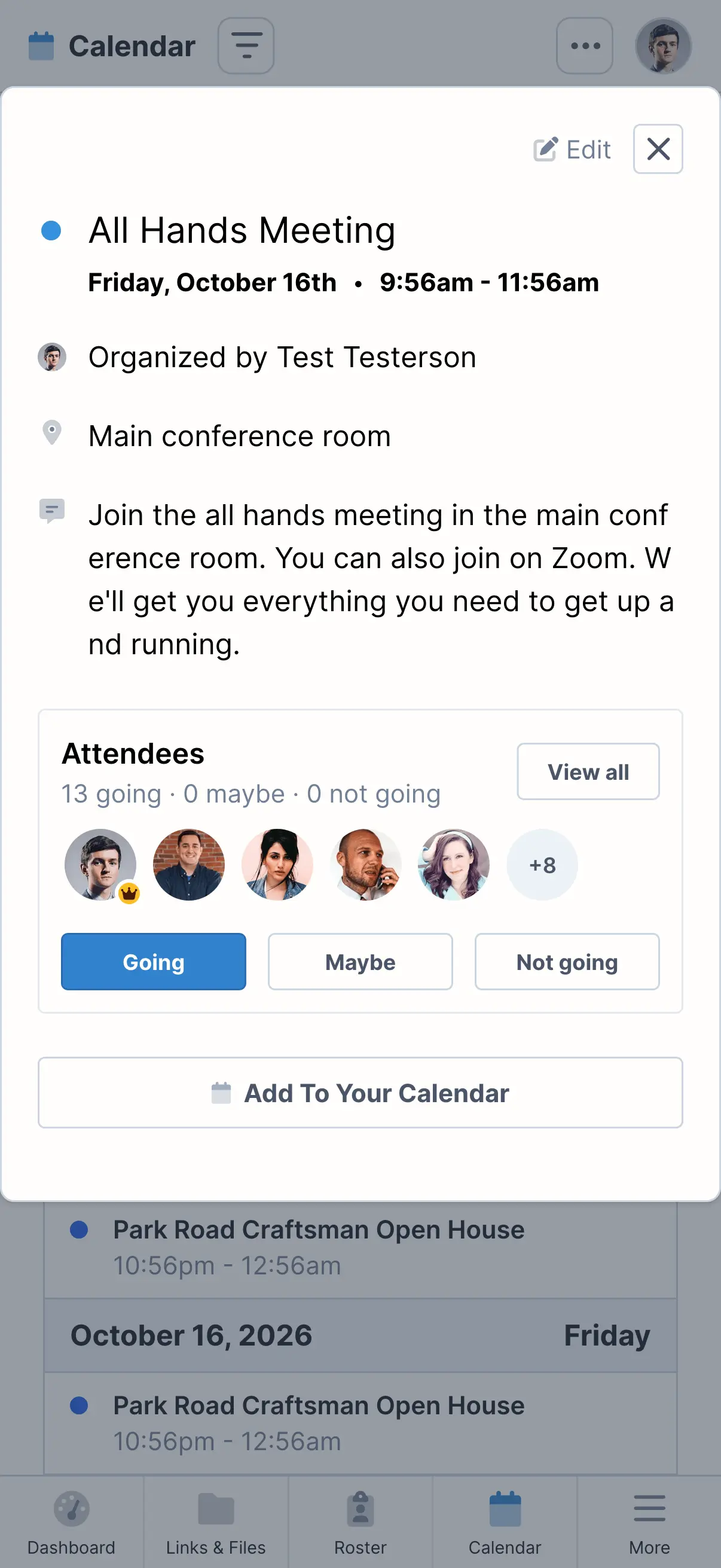 Mobile screenshot of a single calendar event, displaying details and an add to calendar button.