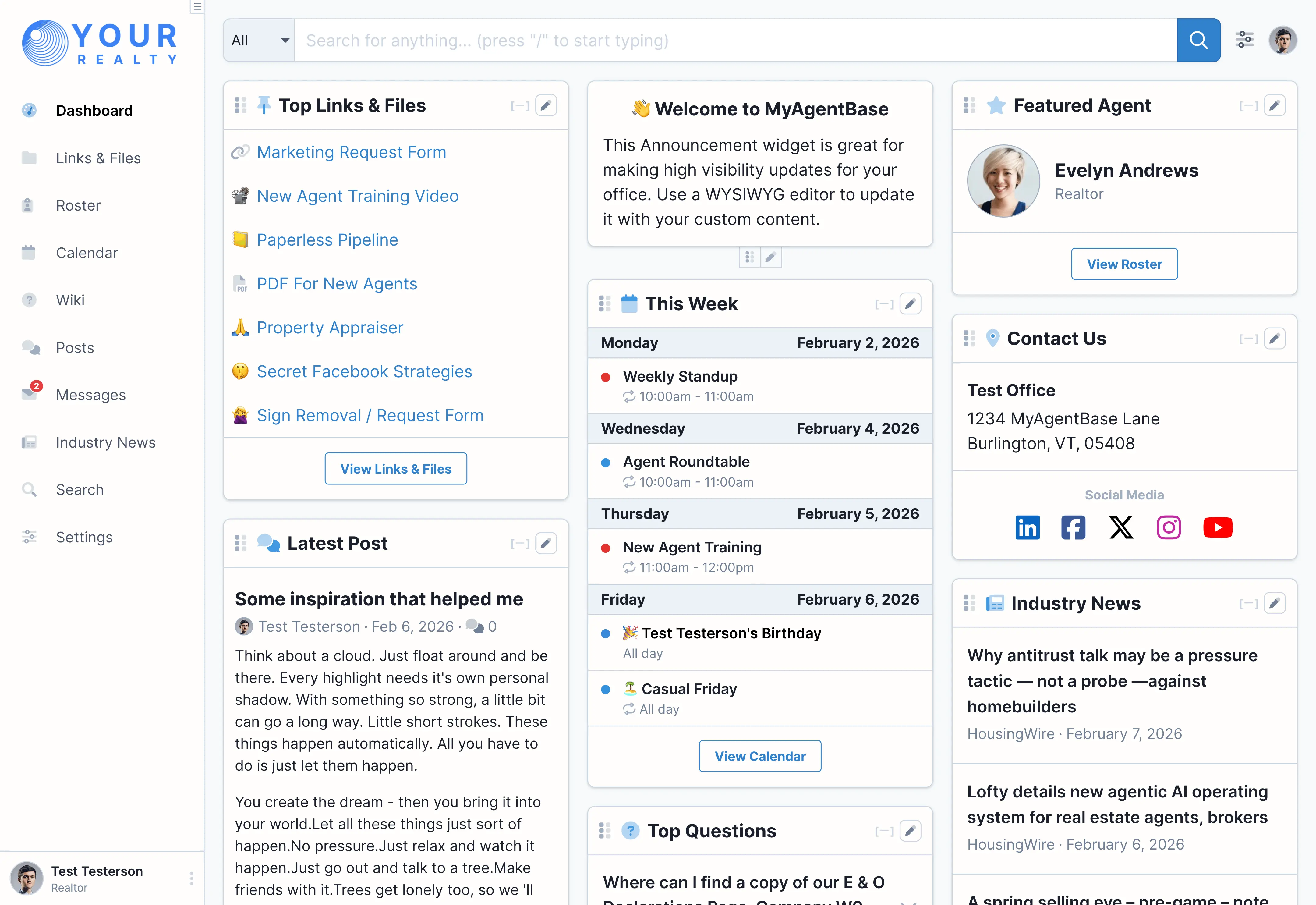 Screenshot of the dashboard displaying widgets for top links & files, frequently asked questions, recent posts & news, a weekly calendar, and contact information.